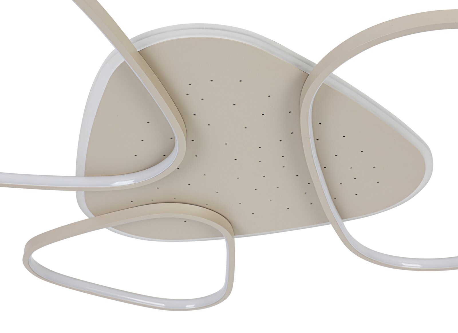 Moderne led-plafondlamp met gebogen vormgeving, gezien van onderaf