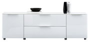 Weißes TV-Lowboard mit zwei Türen und zwei Schubladen, frontal fotografiert, dekoriert mit einer schwarzen Schale und einer Vase.