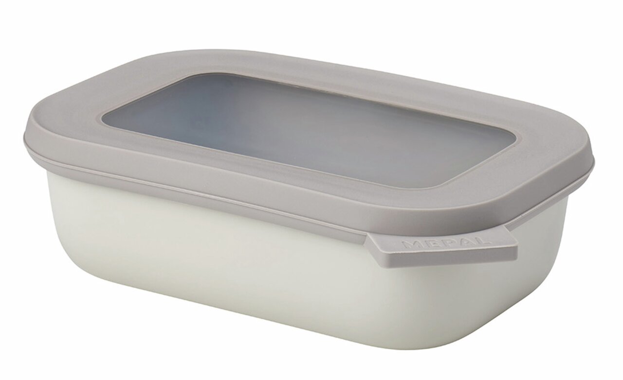 Rechteckige Multischüssel Cirqula mit grauem Deckel, seitliche Perspektive