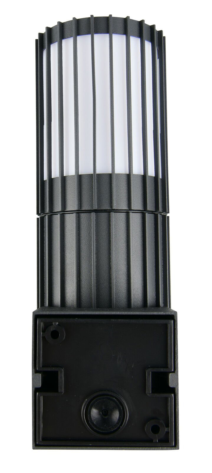Moderne Aussenwandleuchte in schwarzem Gehäuse mit vertikalen Streben, Frontalansicht