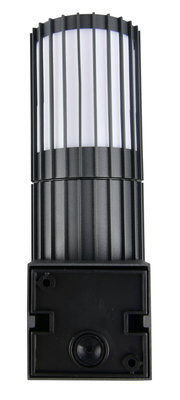 Moderne buitenwandlamp in een zwarte behuizing met verticale steunen, vooraanzicht