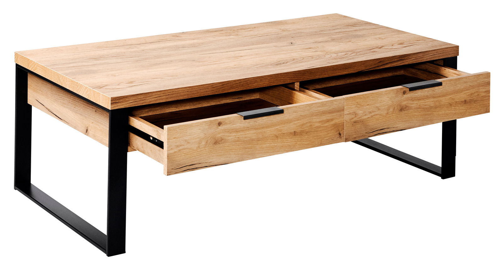 Moderner Couchtisch aus Holz mit zwei offenen Schubladen und schwarzem Metallgestell, seitliche Perspektive.