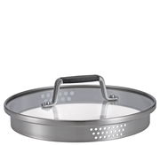 Deckel aus Edelstahl und Glas mit schwarzem Griff, seitliche Perspektive