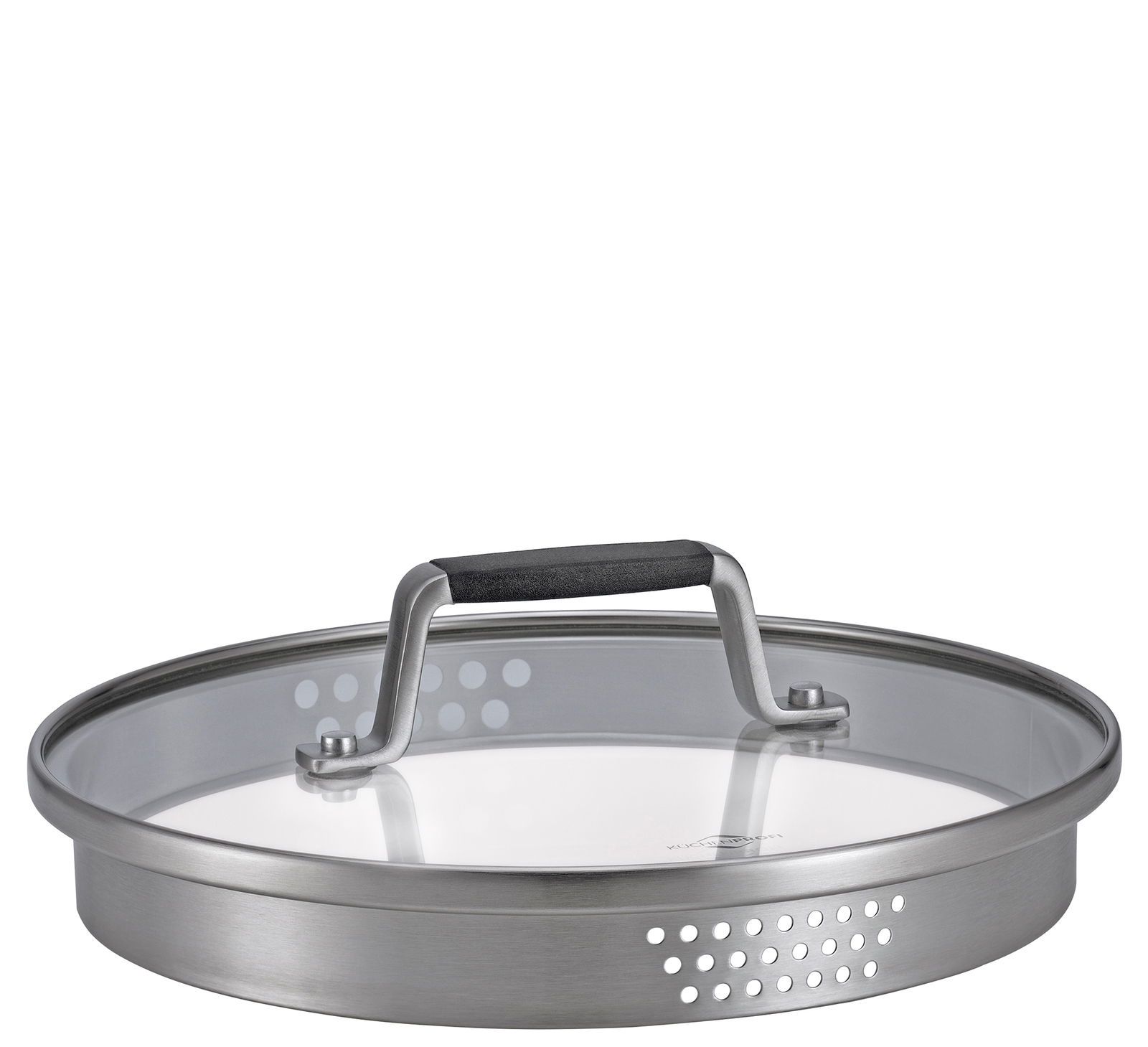 Deckel aus Edelstahl und Glas mit schwarzem Griff, seitliche Perspektive