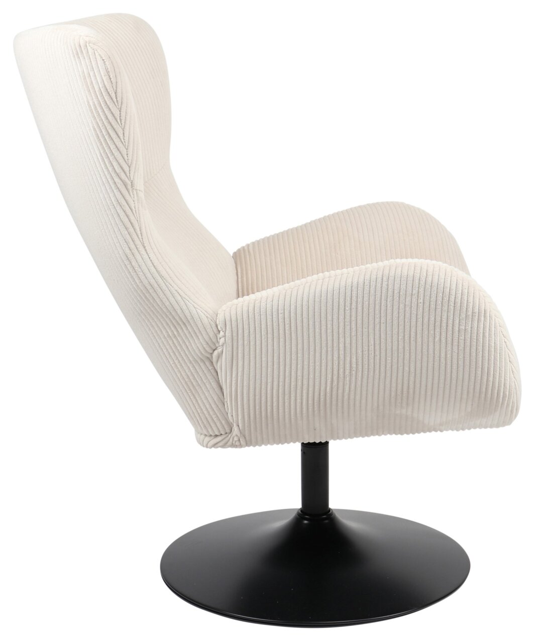Seitenansicht eines cremefarbenen Sessels mit geripptem Stoffbezug und schwarzem Drehtellerfuß.