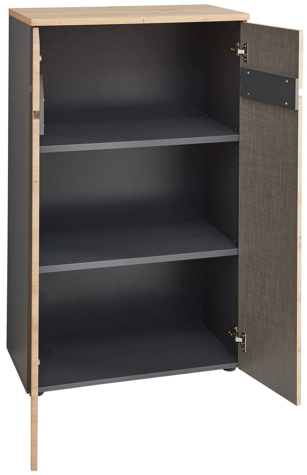 Offener Aktenschrank mit zwei Einlegeböden, Holzoptik an den Seiten und geöffneter Tür, Frontalansicht.