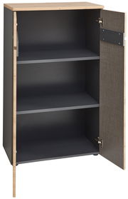 Offener Aktenschrank mit zwei Einlegeböden, Holzoptik an den Seiten und geöffneter Tür, Frontalansicht.