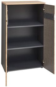 Offener Aktenschrank mit zwei Einlegeböden, Holzoptik an den Seiten und geöffneter Tür, Frontalansicht.