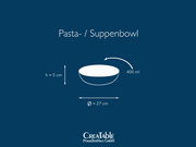 Grafische Darstellung einer Pasta-/Suppenbowl mit 400 ml Fassungsvermögen, 5 cm Höhe und 27 cm Durchmesser, gezeigt in Seitenansicht mit Maßpfeilen auf blauem Hintergrund.