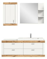 Moderne Badkombination mit weißem Schrank, Spiegel und Waschbeckenunterschrank in Holzoptik, Frontalansicht