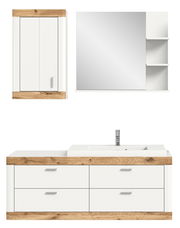 Moderne Badkombination mit weißem Schrank, Spiegel und Waschbeckenunterschrank in Holzoptik, Frontalansicht