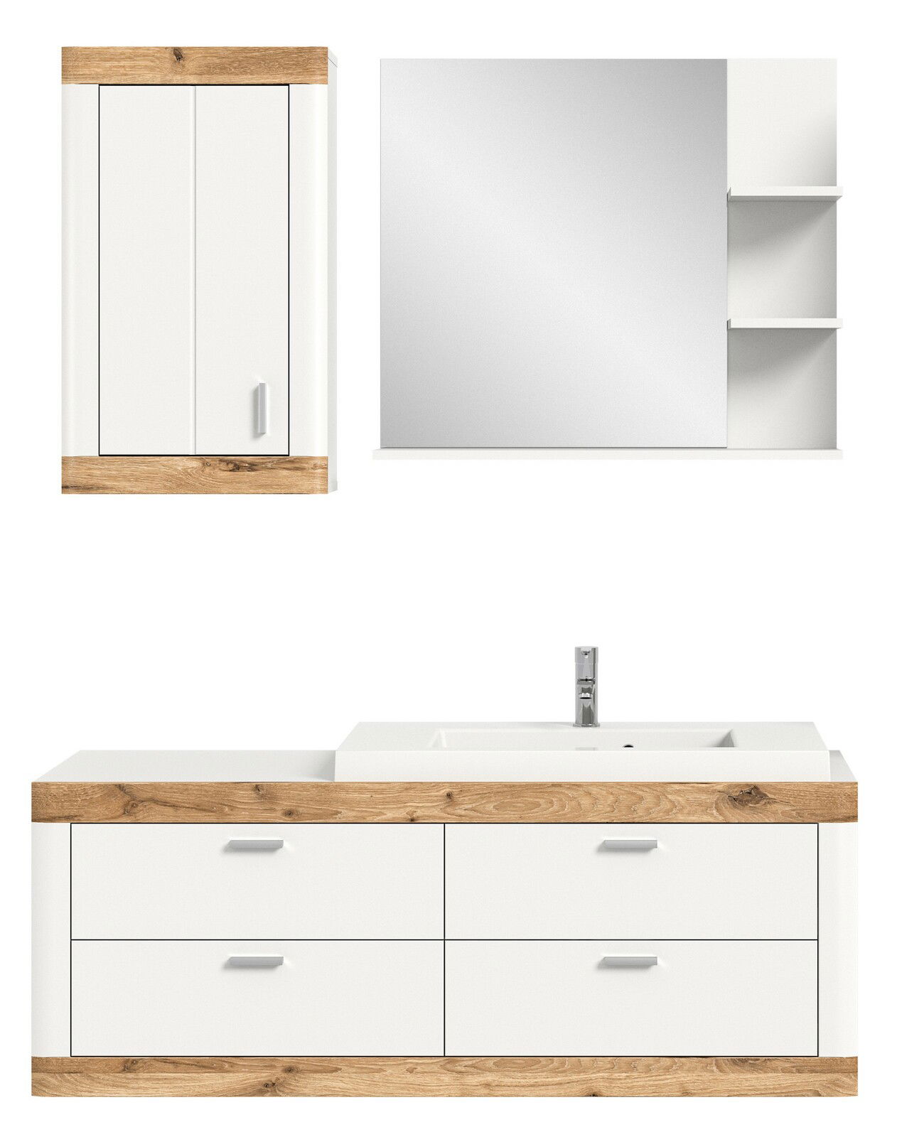 Moderne Badkombination mit weißem Schrank, Spiegel und Waschbeckenunterschrank in Holzoptik, Frontalansicht