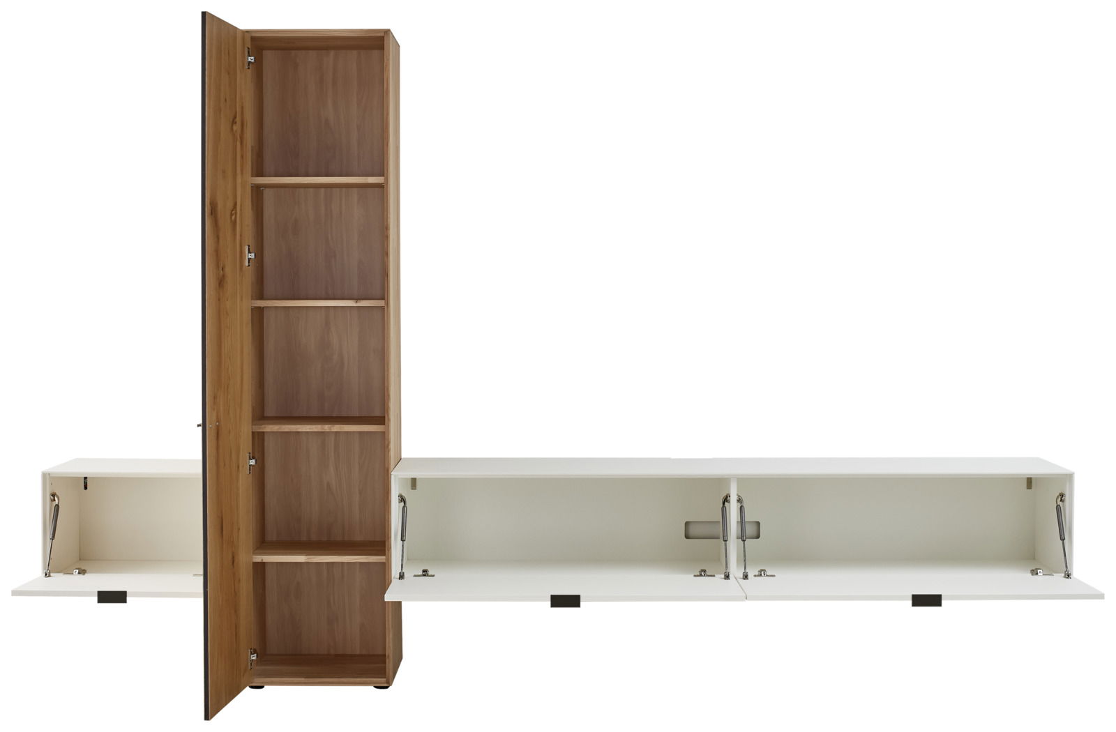 Frontale Ansicht einer modernen Wandkombination mit einem hohen, offenen Holzschrank und zwei weißen, horizontalen Klappfächern.