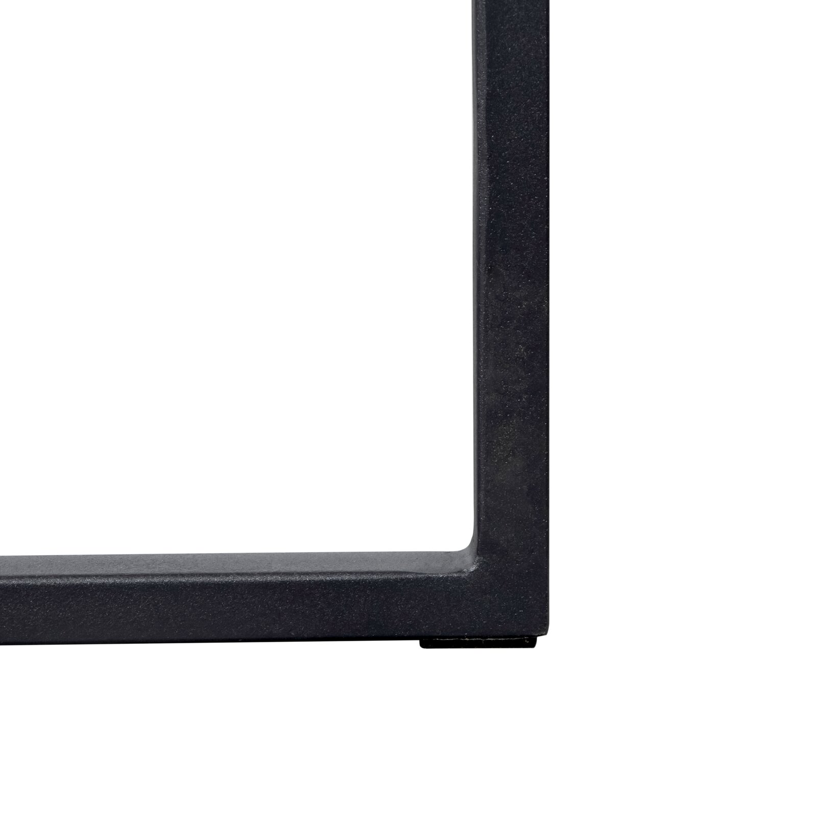 Nahaufnahme eines schwarzen Metallrahmens eines Konsolentisches, seitliche Perspektive