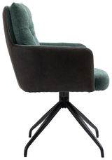 Moderner Sessel mit grünem Stoffbezug und schwarzem Metallgestell, Seitenansicht.