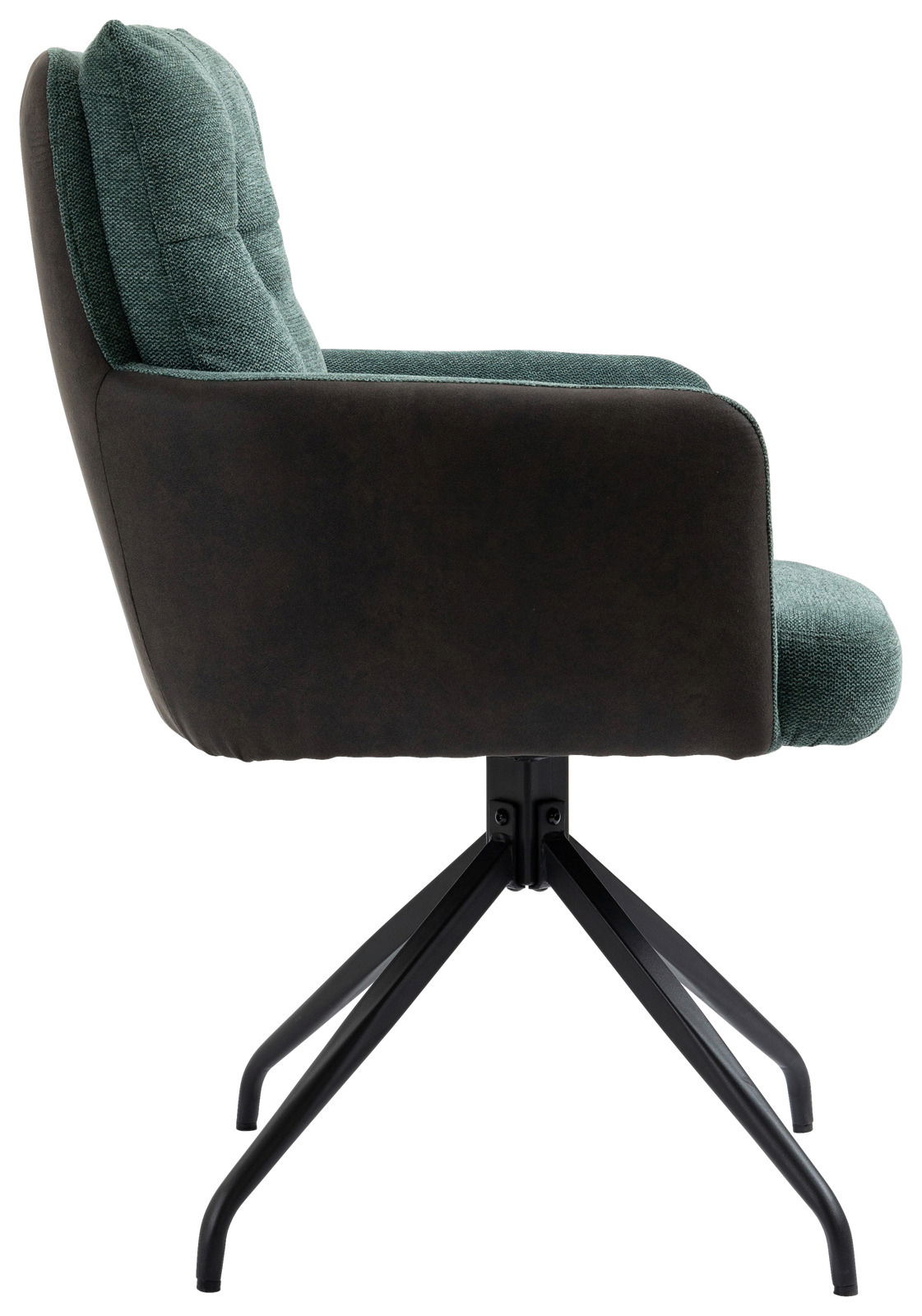Moderner Sessel mit grünem Stoffbezug und schwarzem Metallgestell, Seitenansicht.