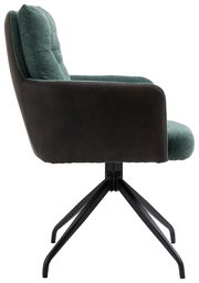 Moderner Sessel mit grünem Stoffbezug und schwarzem Metallgestell, Seitenansicht.