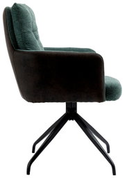 Moderne fauteuil met groene stoffen bekleding en een zwart metalen frame, gezien vanaf de zijkant.