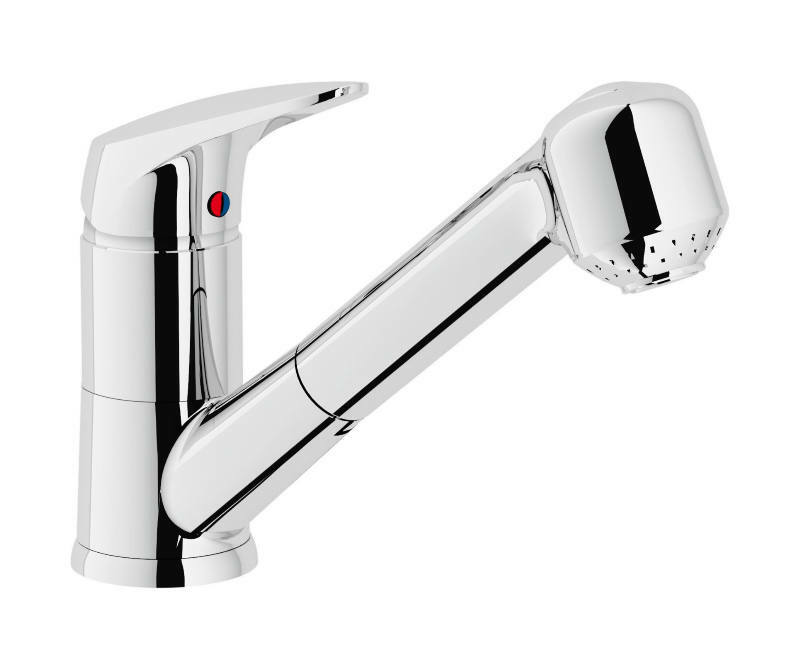 Einhebelmischer in seitlicher Perspektive, glänzend verchromt mit ergonomischem Hebel und ausziehbarem Auslauf.