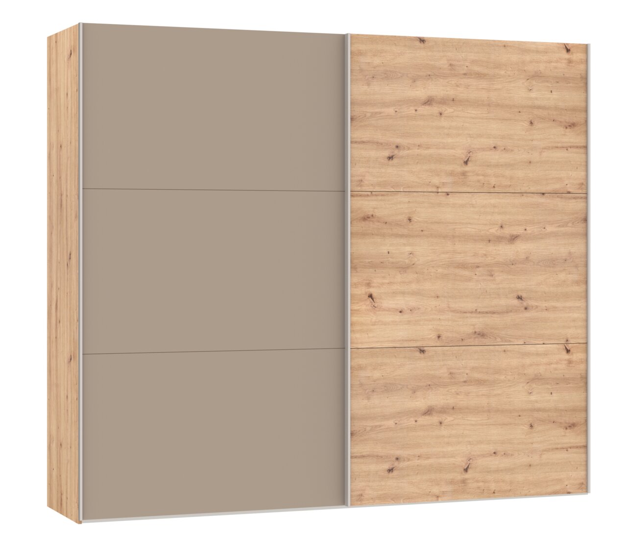 Moderner Kleiderschrank mit zwei Schiebetüren, links taupefarbene Front und rechts Holzdekor mit Maserung, Frontalansicht leicht von links.