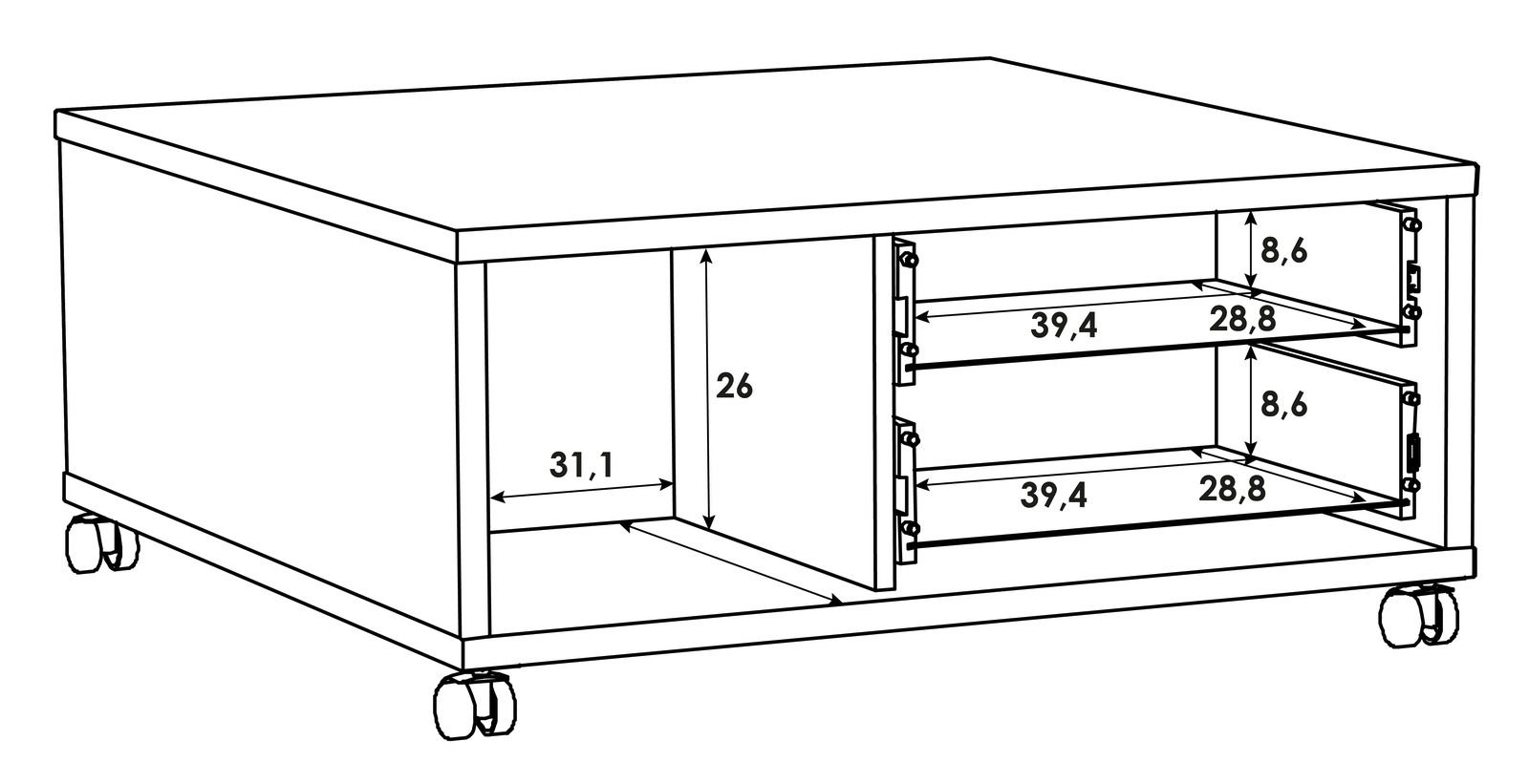 Skizze eines Couchtisches mit Rollen, zwei offenen Fächern und einem geschlossenen Fach, seitliche Perspektive.