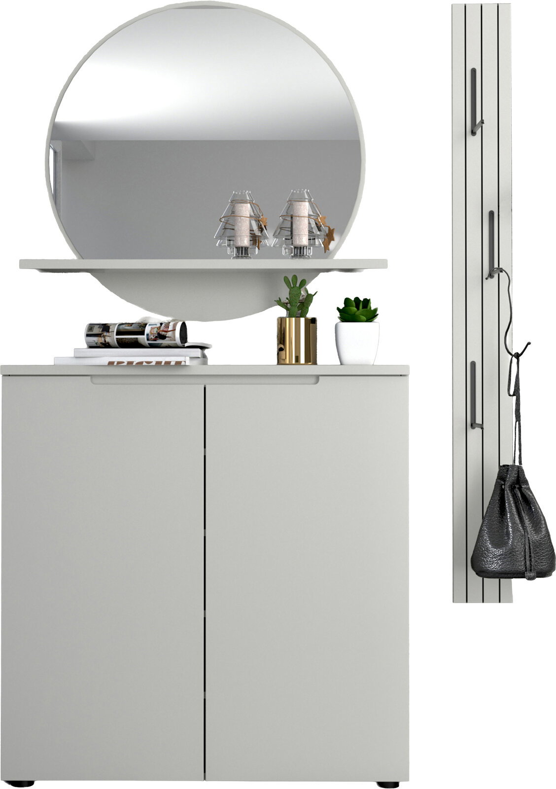 Modernes weißes Sideboard mit zwei Türen, darüber runder Wandspiegel und Ablage mit Deko und Pflanzen; Ansicht von vorne.