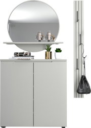Modernes weißes Sideboard mit zwei Türen, darüber runder Wandspiegel und Ablage mit Deko und Pflanzen; Ansicht von vorne.