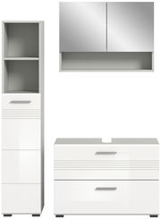 Moderne Badkombination in Weiß mit Spiegelschrank, Hochschrank und Waschtischunterschrank, frontale Ansicht