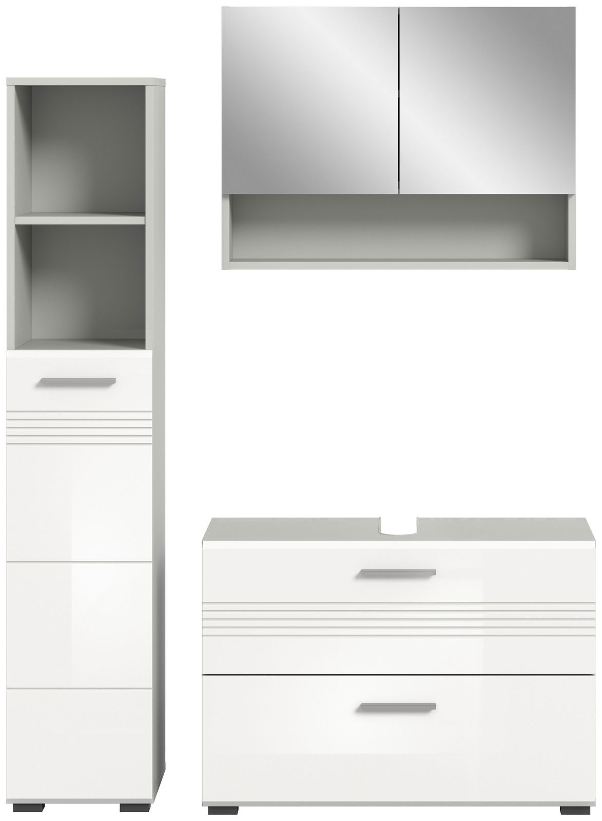 Moderne Badkombination in Weiß mit Spiegelschrank, Hochschrank und Waschtischunterschrank, frontale Ansicht