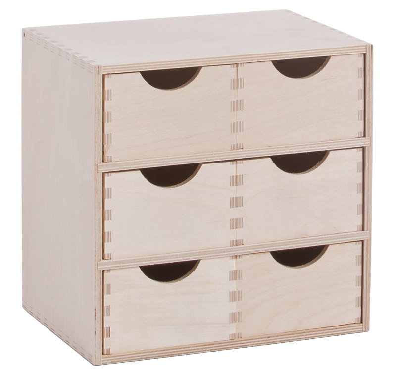 Holz-Schubladenelement mit sechs Fächern, seitliche Perspektive