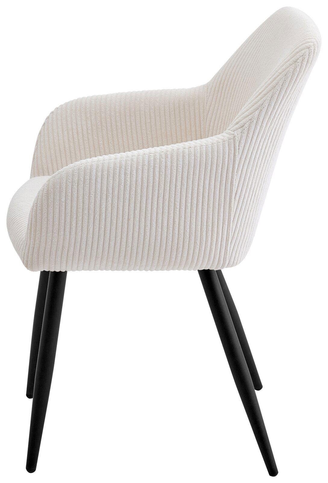 Ti´me Armlehnstuhl CARSTEN Seitenansicht eines eleganten Armlehnstuhls mit cremefarbenem, geripptem Stoffbezug und schwarzen Metallbeinen.