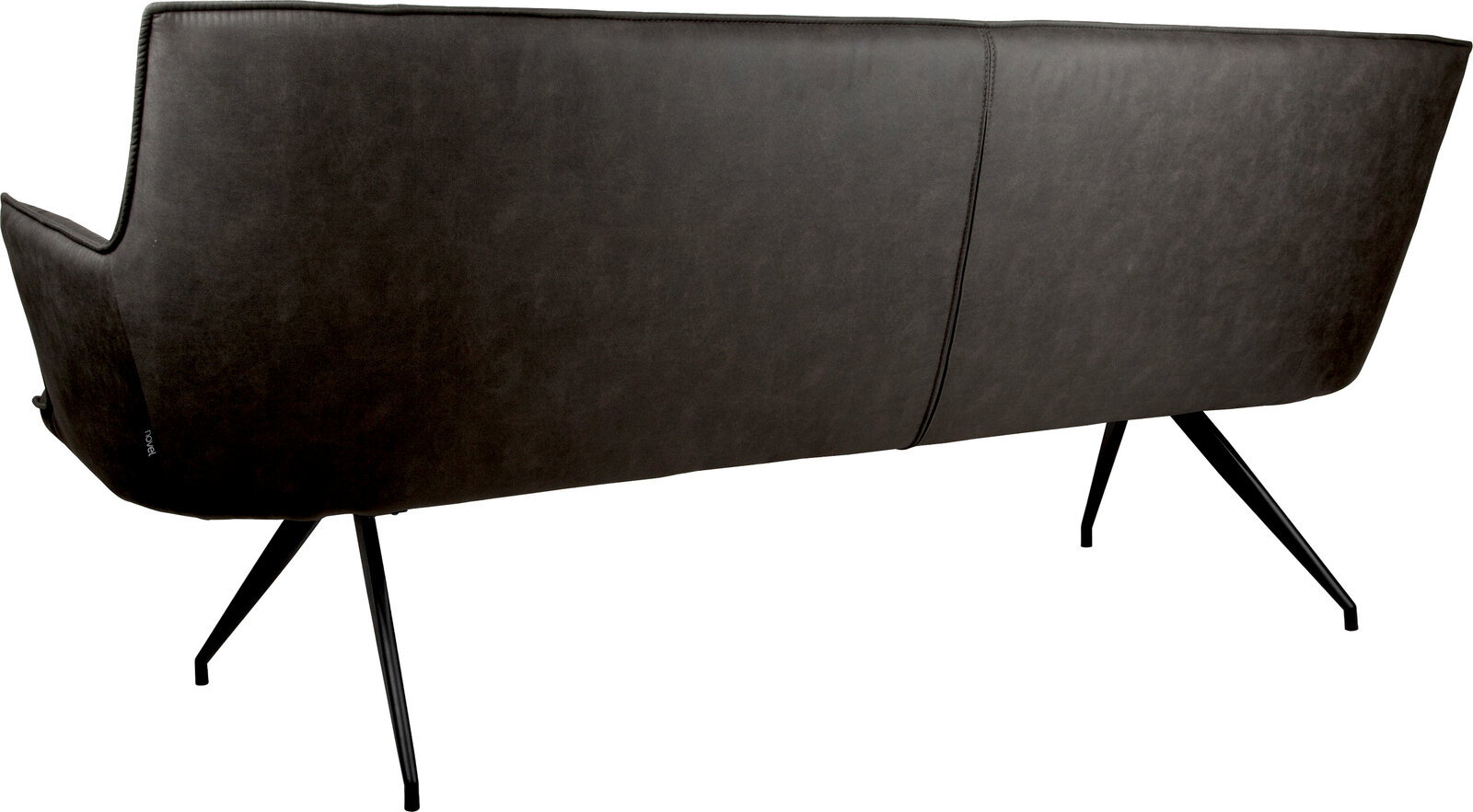 Rückansicht eines modernen 2-Sitzer-Sofas in dunkelgrauem Lederlook mit hoher Rückenlehne und schwarzen Metallbeinen, freigestellt auf weißem Hintergrund
