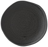 Schwarzer, runder Teller mit unregelmäßiger Oberfläche, Draufsicht