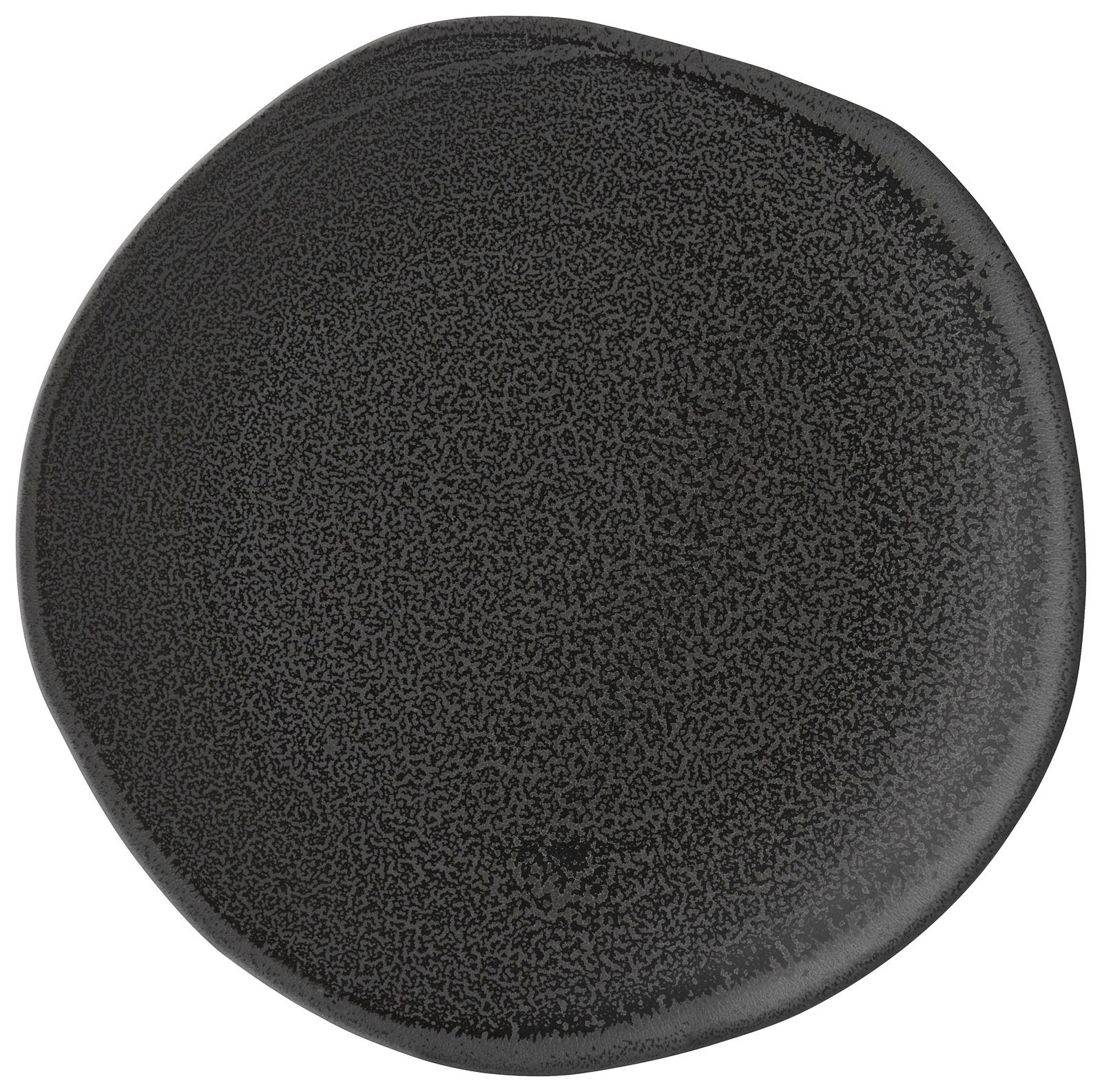 Schwarzer, runder Teller mit unregelmäßiger Oberfläche, Draufsicht