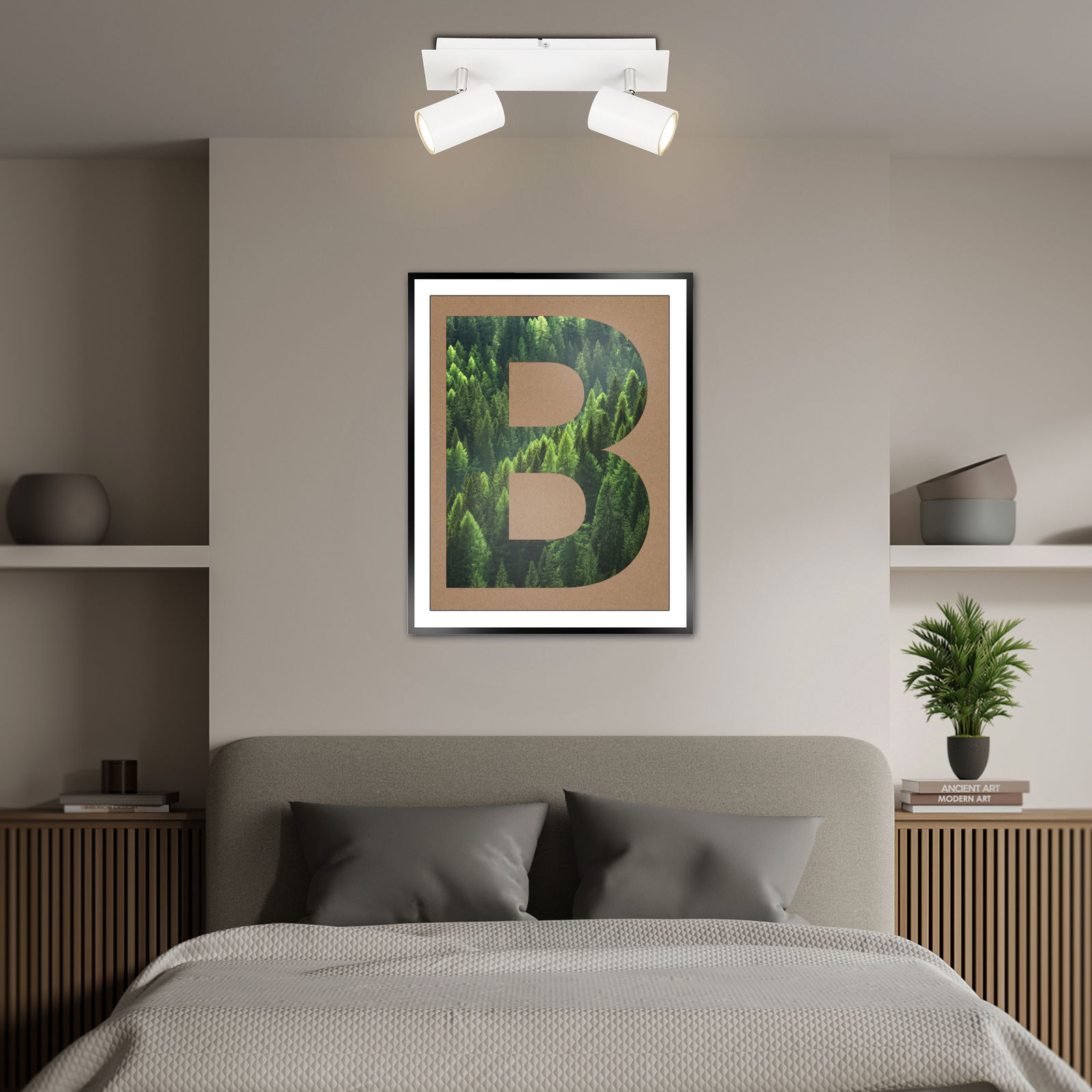 Briloner LED-Spot 2flg ISIL A Zweiflammiger LED-Spot in modernem Design, an der Decke über einem stilvoll eingerichteten Schlafzimmer montiert, mit Blick von vorne.