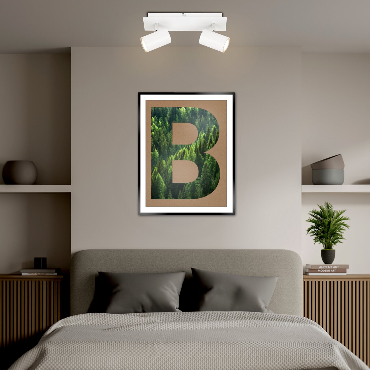 Briloner LED-Spot 2flg ISIL A Zweiflammiger LED-Spot in modernem Design, an der Decke über einem stilvoll eingerichteten Schlafzimmer montiert, mit Blick von vorne.