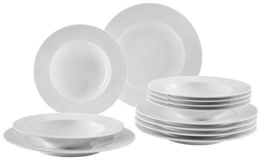 Ein 12-teiliges Tafelset Zoe aus weißem Porzellan, bestehend aus flachen und tiefen Tellern, in einer seitlichen Perspektive gestapelt.