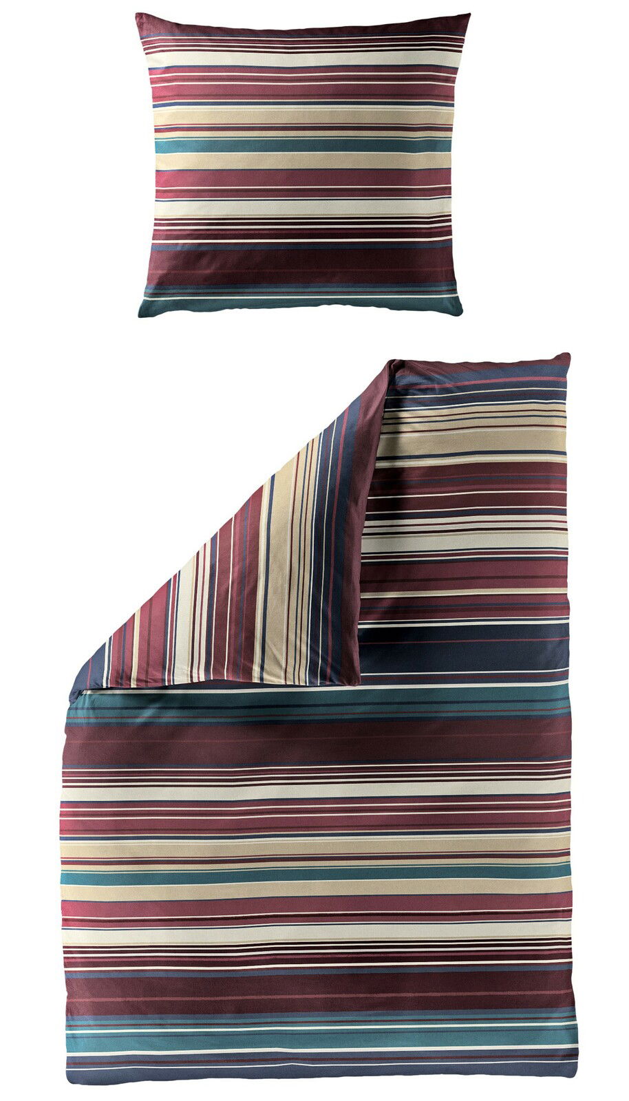 Bettwäsche-Set mit Streifenmuster in Rot-, Blau- und Beigetönen, bestehend aus einem Kissenbezug und einem Bettdeckenbezug, aus der Vogelperspektive fotografiert.