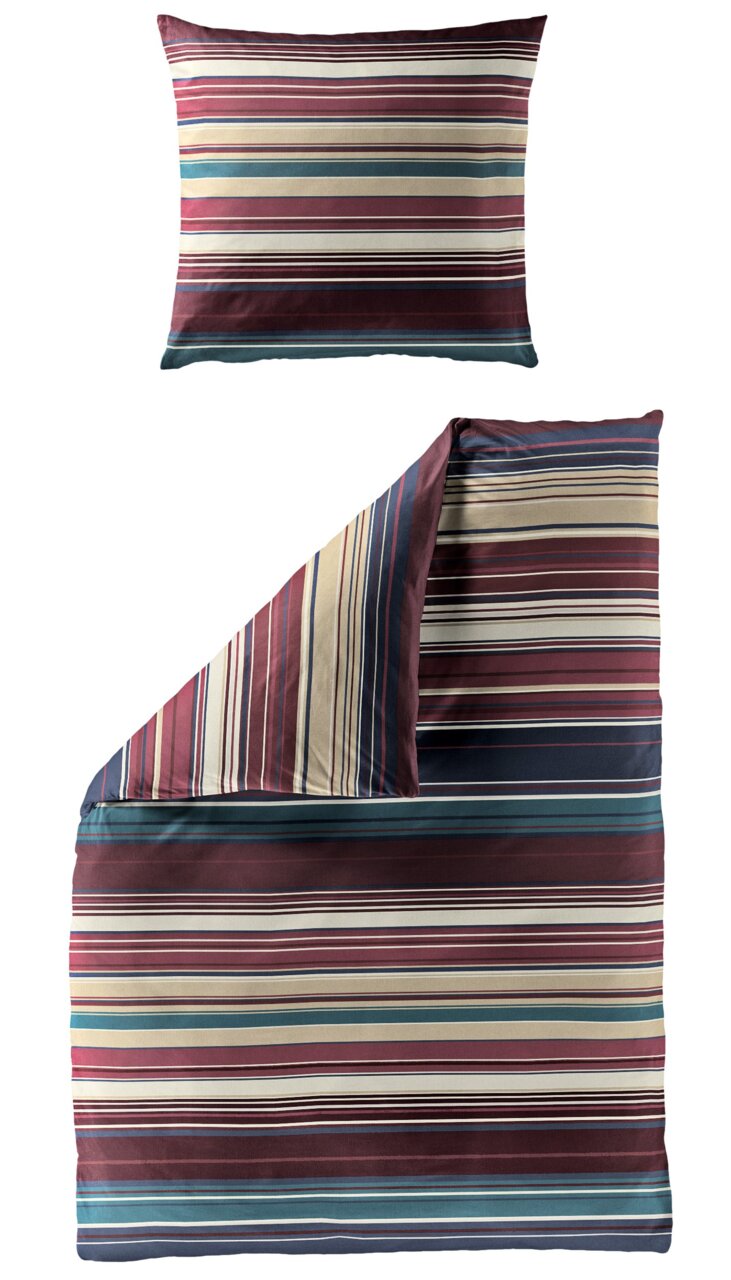 Bettwäsche-Set mit Streifenmuster in Rot-, Blau- und Beigetönen, bestehend aus einem Kissenbezug und einem Bettdeckenbezug, aus der Vogelperspektive fotografiert.