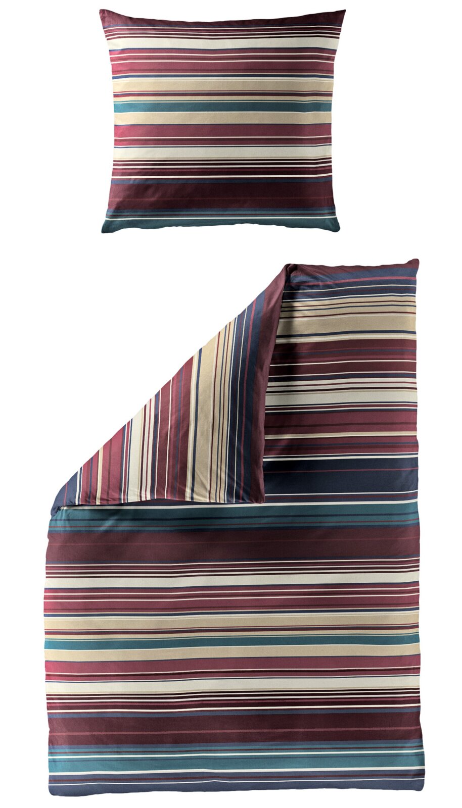 Bettwäsche-Set mit Streifenmuster in Rot-, Blau- und Beigetönen, bestehend aus einem Kissenbezug und einem Bettdeckenbezug, aus der Vogelperspektive fotografiert.
