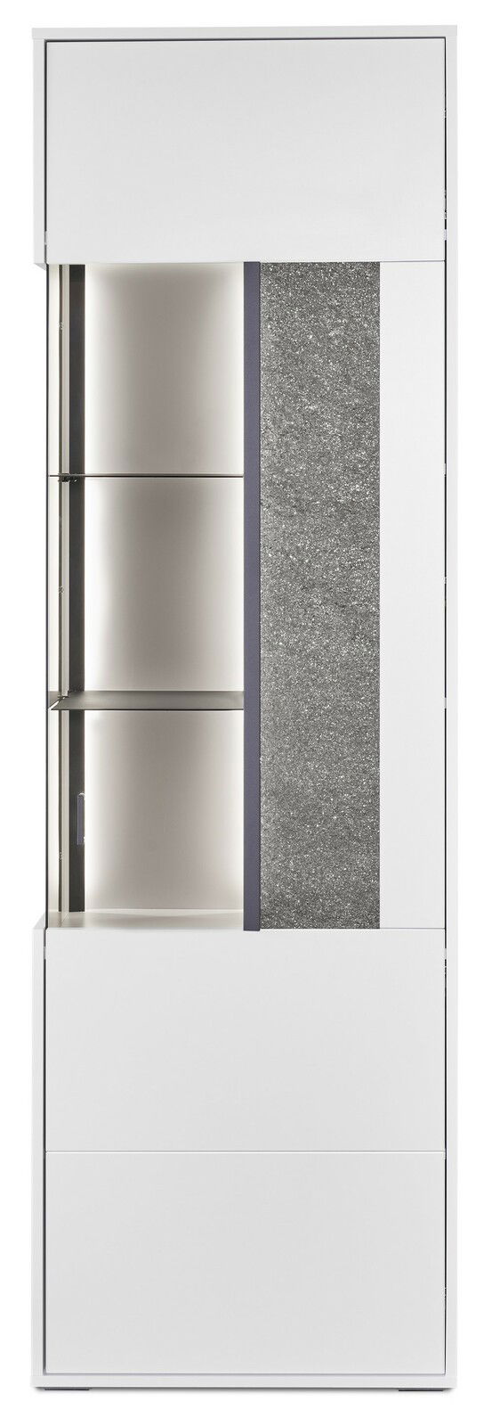 Moderne Vitrine in Weiß mit Glaselementen und grauer Steinoptik, frontal betrachtet.