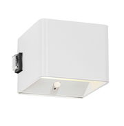 Weiße Akku-Wandleuchte in kubischer Form, seitliche Perspektive