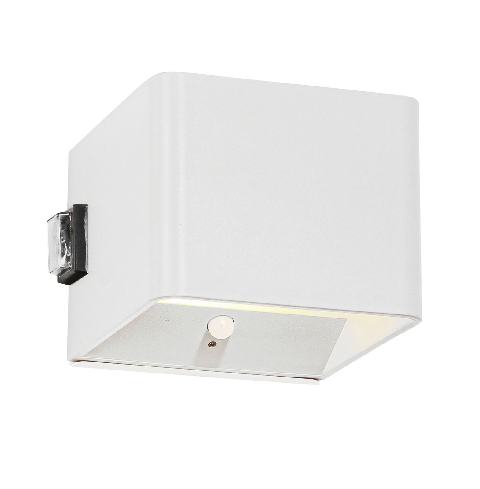 Weiße Akku-Wandleuchte in kubischer Form, seitliche Perspektive