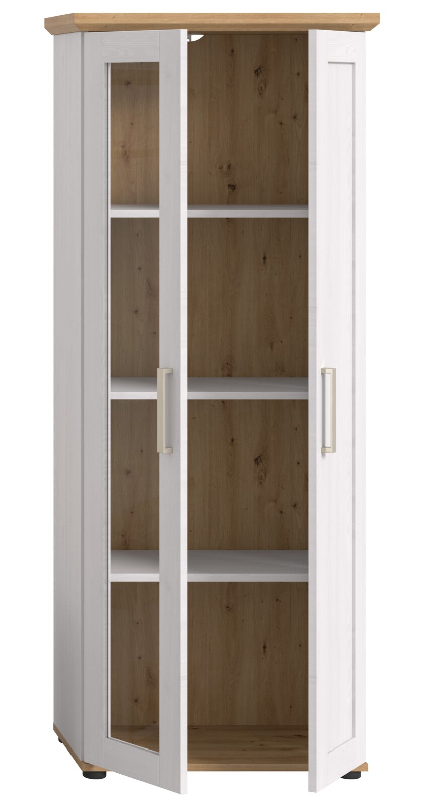 Vitrine mit weißem Korpus und Holzakzenten, zwei Glastüren, frontal betrachtet