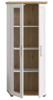 Vitrine mit weißem Korpus und Holzakzenten, zwei Glastüren, frontal betrachtet