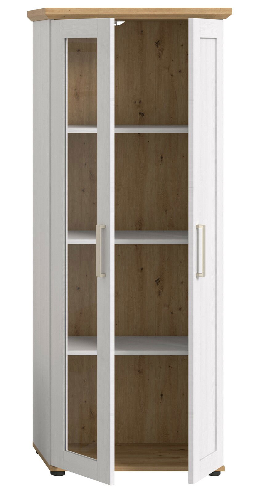 Vitrine mit weißem Korpus und Holzakzenten, zwei Glastüren, frontal betrachtet