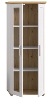 Vitrine mit weißem Korpus und Holzakzenten, zwei Glastüren, frontal betrachtet