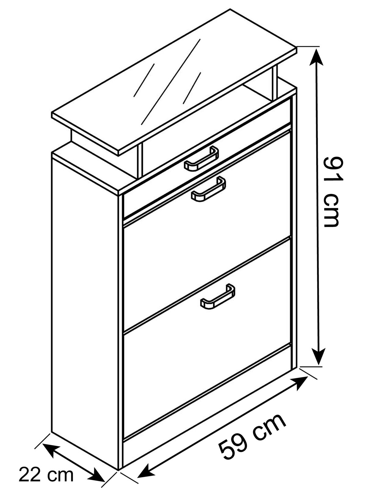 Schmaler Schuhschrank mit drei Klappen und Griffen, Maße ca. 91 cm hoch, 59 cm breit und 22 cm tief, dargestellt in schräger Vorderansicht (Perspektive von vorne oben) mit Maßpfeilen.