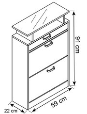 Schmaler Schuhschrank mit drei Klappen und Griffen, Maße ca. 91 cm hoch, 59 cm breit und 22 cm tief, dargestellt in schräger Vorderansicht (Perspektive von vorne oben) mit Maßpfeilen.