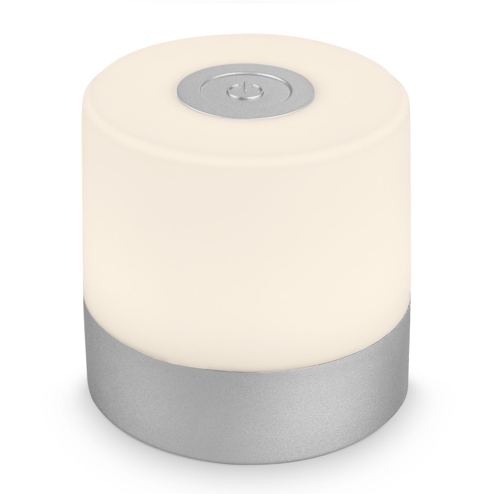 Akku LED Tischleuchte in zylindrischer Form mit chromfarbenem Sockel, Ansicht von schräg oben